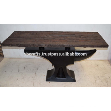 Industrial Anvil Metal Base Console Table Reclaimed Sleeper Wood Top